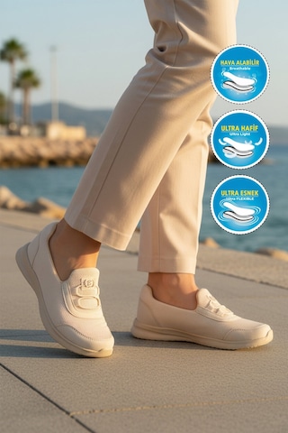 Walkway Bej Fileli Hafif Esnek Kolay Giyilebilir Kadın Casual Ayakkabı 575 G