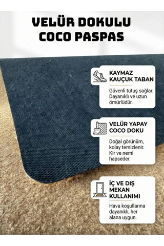 Eldione Kaymaz Tabanlı Baskılı Şık Kapı Önü Paspası 45x70 Cm Coco Hasır Görünümlü Velür Paspas Kahverengi