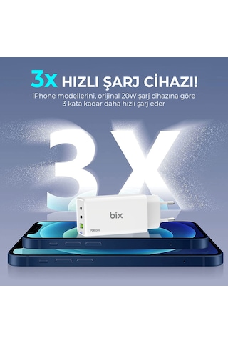 Bix BX3P66G GaN 65W Üç Portlu Şarj Cihazı Beyaz