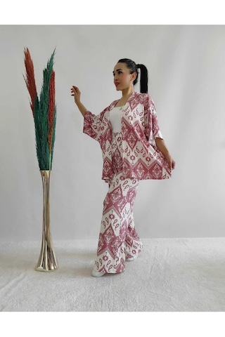 İpli Pembe Renk Desenli Ikili Kimono Takım Rahat Kalıp Pembe
