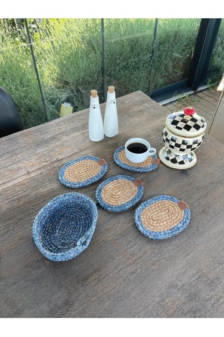 4 Adet Oval Dekoratif Bardak Altlığı Seti - Yuvarlak , Leke Tutmaz- Naturel-mavi 13x17 Cm Naturel