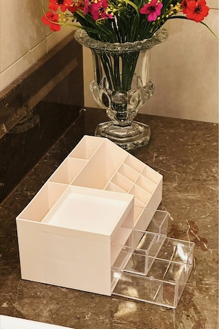 Makri Home Şeffaf İki Çekmeceli Krem Organizer, Şık Düzenleyici, Yükseklik 9 Cm X En 24,5 Cm X Derinlik 12 Cm Krem