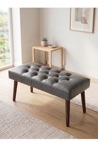 Modern Kapitoneli Gri Deri Kumaş Bench Puf Oturma Bankı Ahşap Ceviz Ayaklı Demonte 90x45