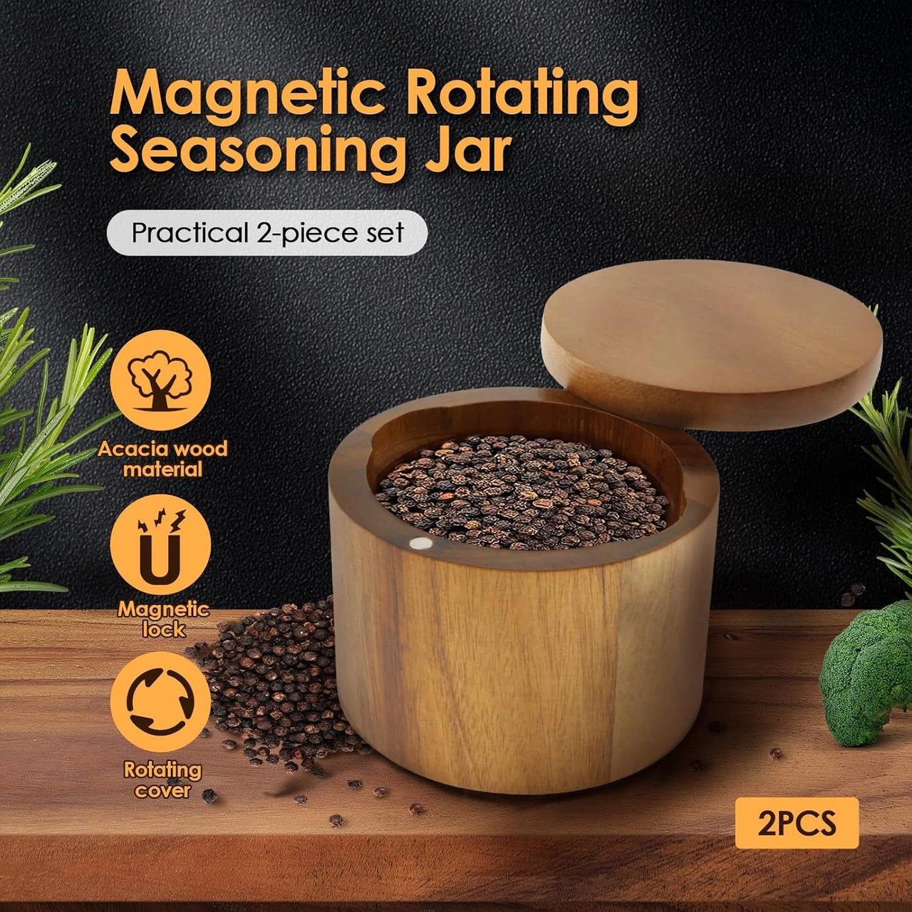 Kosona Akasya Ahşap Baharat Depolama Kavanozu, Manyetik Döner Kapak Ve Kaşık İle Tuz-biber Saklama Kutusu Ahşap Rengi