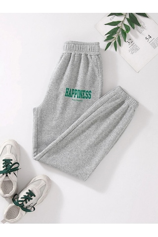 Kadın Gri Happiness Baskılı Lastik Paça Eşofman Altı Jogger 2 Iplik Şardonsuz Gri