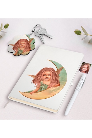 Kişiye Özel Kız Çocuk Melek Karikatürlü Beyaz Defter Kalem Ve Ana