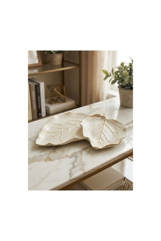 Dekoratif Çift Yaprak Sunum Tabağı & Masa Üstü Obje - Eskitme Krem / Gold 32x28 Cm