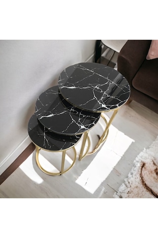 Yaren Home Dizayn C Zigon Temperli Cam Siyah Beyaz Damarli Meremer Desenli Gold Kaplama Gold Sehpa