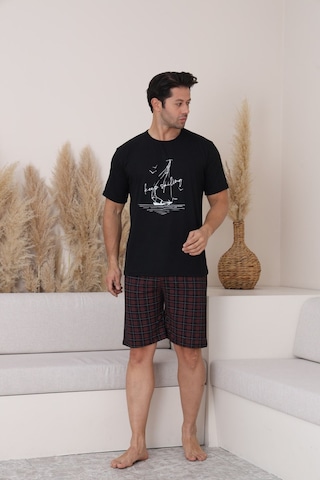 Sleeproom Erkek Rahat Pamuklu Yazlik Penye Siyah Alt Ekoseli Kaprili Pijama Takim Yeni Ürün Siyah