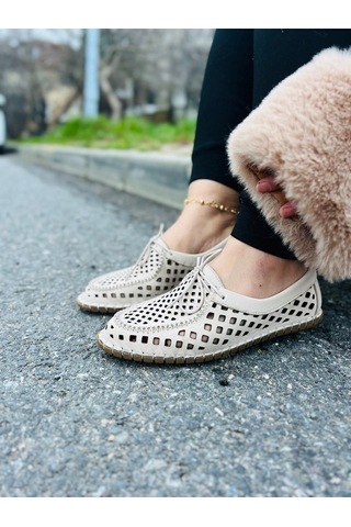 Dabab Shoes Vırena Kadın Bej Hakiki Deri File Bağcıklı Düz Taban Yazlık Babet Loafer Ayakkabı
