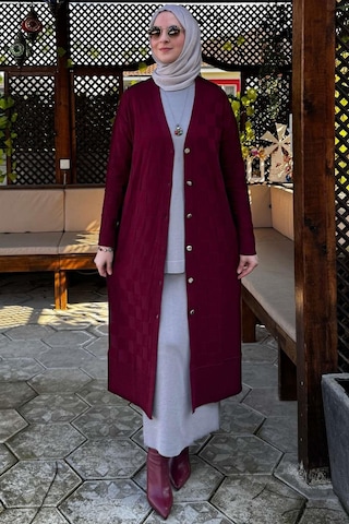 Rabia Şamlı Dama Desenli Triko Hırka Bordo Normal