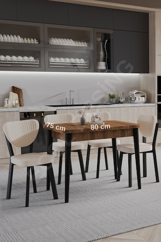 Faymend 4lü, Açılır, Döner, Mutfak Masası Takımı, Yemek Masası, Kapalı Ölçü: 75x80 Cm - Açık Ölçü: 80x150 Cm Ceviz