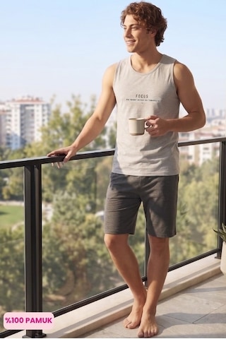 Alimer Erkek Gri Bisiklet Yaka Düğmesiz %100 Pamuk Atlet Sporcu Kol Cepli Şortlu Pijama Takımı