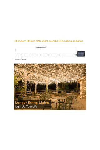 Springsun 200 Led Solar Enerji Işık Zinciri, 20 Metre, Ip67 Su Geçirmez, Uzaktan Kumanda, 4 Seviye Parlaklık, 1200mah Batarya, Islak Beyaz Diğer