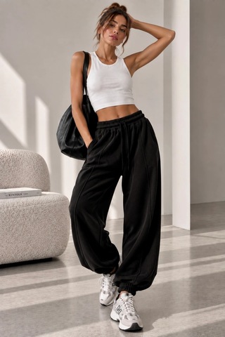 Bb Butik Basic Selanik Kumaş Jogger Pantolon Lastikli Paça Rahat Kesim My3535 Siyah