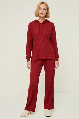 Benerly Kadın Kapüşonlu Düşük Kol Relaxed Kalıp Örme Pijama Takımı Uzun P bordo