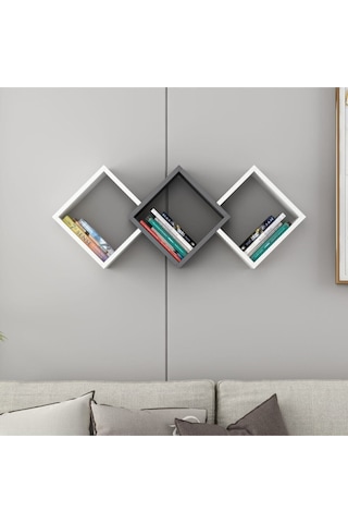 Galaxy Duvar Rafı Ahşap Siyah - Beyaz Antrasit Beyaz Antrasit