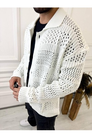 Elku Moda Hırka Oversize Özel Örgülü Triko Desenli Salaş Örgü Hırka Beyaz
