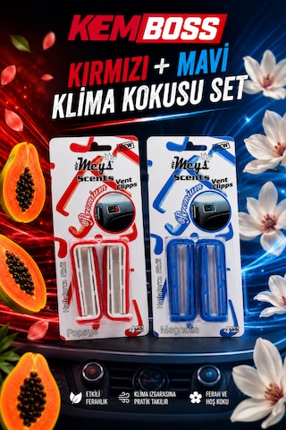 Kemboss Kırmızı Mavi Araç Klima Kokusu 2'li Set Papaya & Magnolia Vent Clip Oto Kokusu Kırmızı - Mavi Set