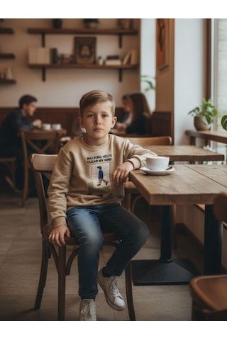 Zekids Erkek Çocuk Pamuklu Clear My Mind Yazılı Batik Desenli Sweatshirt-16333 Bej