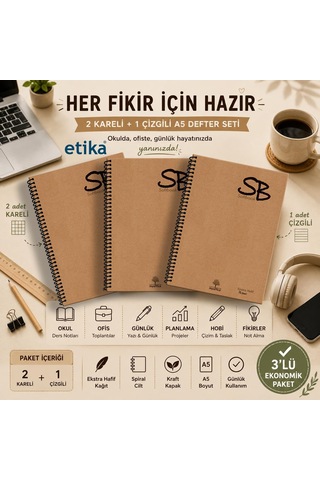 Lexroo Sb A5 3'lü Defter Seti 420 Sayfa Kaliteli Hafif Kağıt Kraft Kapak Spiralli Çok Renkli
