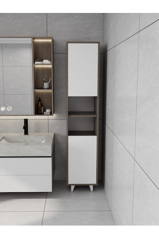 Riva Çamaşır Sepetli Banyo Dolabı Antrasit Meşe Renk Antrasit - Beyaz