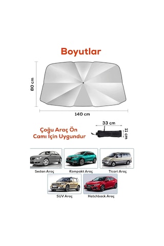 Araç Ön Cam Güneşliği Şemsiye Tipi 140x80 Cm Katlanabilir Koruyucu