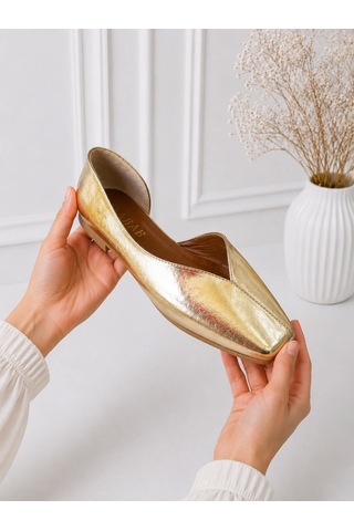 Dabab Shoes Dante Kadın Gold Kırışık Rugan Kare Burun Düz Taban Günlük Casual Babet Ayakkabı Altın