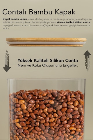 12'li Bambu Kapak Aura Dikdörtgen Saklama Kabı - Vakumlu Hava Almaz Kapak Erzak Bakliyat Kabı 1,5 Lt Bej