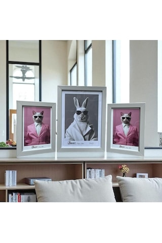Peramari Dekoratif Ahşap Sanat Üçlü Resim Çerçevesi Gri Gri 10 X 15