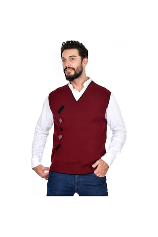 Kamalı Bordo Erkek Çelik Örgü Kışlık Kalın Triko V Yaka Triko Örgü Tüylenmez Süveter Bordo