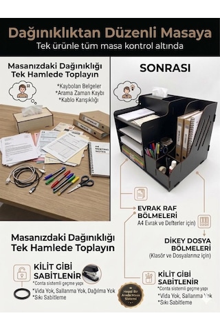 Mrx-org Desk 01 Masaüstü Organizer Peçetelikli Çok Amaçlı Masa Düzenleyici, Raflı Dosyalık Siyah
