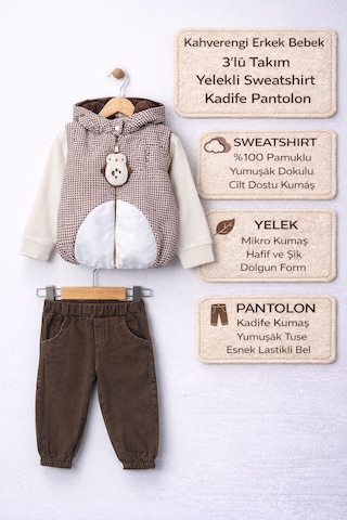Harika Kids Erkek Bebek 3 Lü Takım 9-24 Ay Şişme Yelek %100 Pamuk Sweatshirt Kadife Pantolon Kahverengi