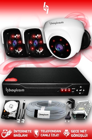 Bayicam 3 Kameralı Panda 1 İç Kamera Set 2 TB HDD Full HD Gece Görüşlü Güvenlik Kamerası Sistemi