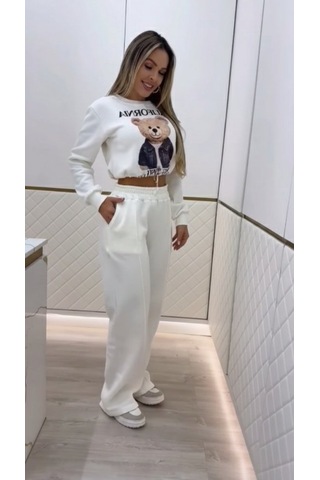 S-pazarım Kadın Uzun Kollu Bisiklet Yaka Desenli Iki Iplik Şardonlu Bluz Ve Pantolon Ikili Takım Beyaz