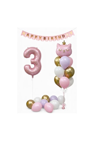 3 Yaş Kedi Temalı Doğum Günü Balon Seti Pembe Gold Konsept Pembe - Altın