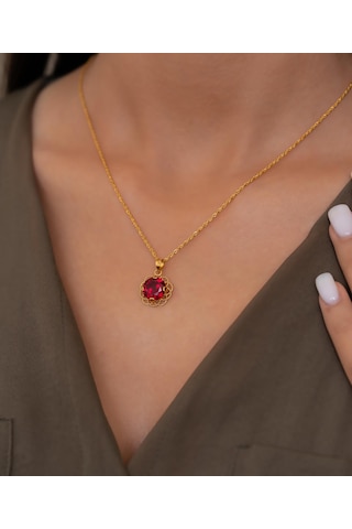 Bayar Gold 14 Ayar Altın Kırmızı Taşlı Telkari Kolye Sarı Altın