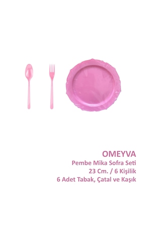 Omeyva 23 Cm. Plastik Mika Pembe Sorfa Piknik Seti - 6 Kişilik Tabak Çatal Kaşık Takımı