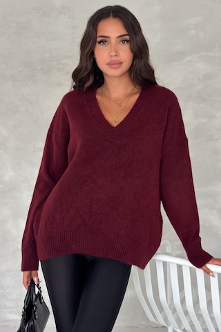 Femelle Kadın Bordo V Yaka Standart Beden Oversize Basic Triko Kazak