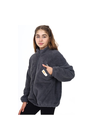 Toontoy Kız Çocuk Nakışlı Peluş Hırka Füme