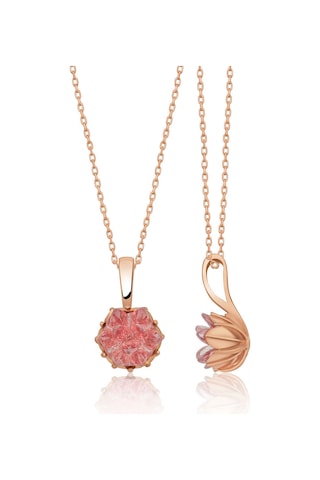 Rose Altın Kaplama Pembe Lotus Çiçeği Kadın Kolye Yüzük  Set Pembe