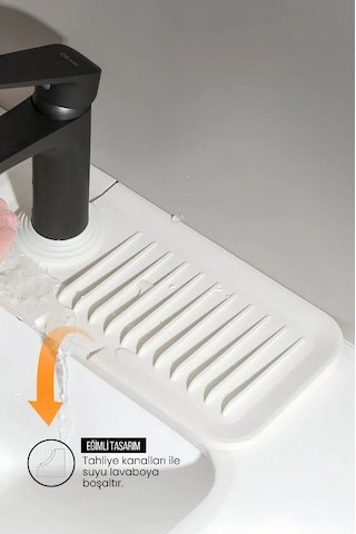 Elastik Musluk Matı Su Tutucu Düzenleyici Kaydırmaz Taban Organizer Mutfak Banyo Lavabo Beyaz