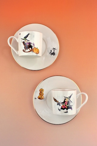 Halloween Altın Yaldızlı İki Kişilik Kahve Fincan Takımı Beyaz