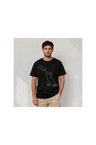 Butik İstanbul Erkek Minimal Kedi Çizim Baskılı Tişört Kısa Kol Yazlık T-shirt - Siyah