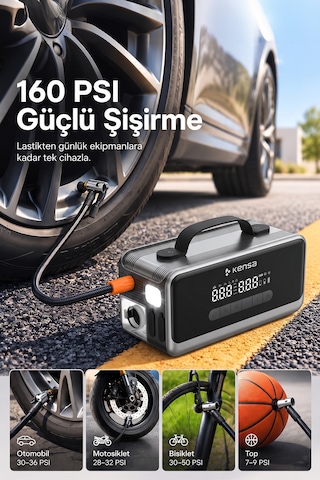Araç Süpürgeli Akü Takviyeli Jump Starter & 160 Psı Kompresör Araç Kiti 18.000 Mah