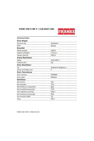 Franke FSDR 330 V NE F 318 LT Tek Kapılı Ankastre Buzdolabı