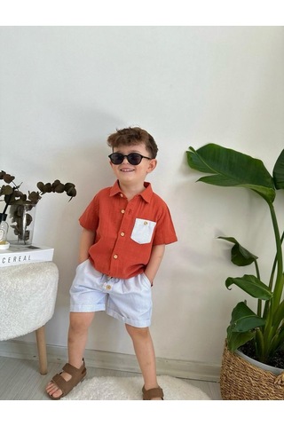 Minaz Baby Kiremit Çizgili Şortlu Takım Kiremit