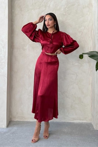H1 Style Kraşlı Saten Etek Bordo