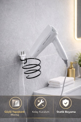 Alper Banyo Siyah Güçlü Yapışkanlı Fön Makinesi Askısı