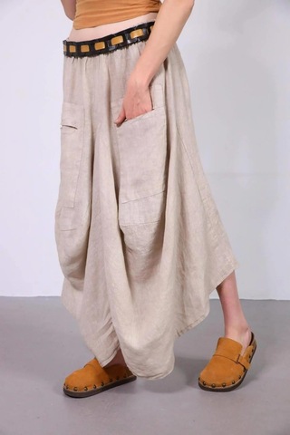 Bohem Stil İtalyan Cepli Keten Şalvar Pantolon Cmn00154 Krem